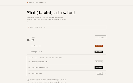 Focus Gate :: Puts deliberate friction between you and distracting sites. You can always get through - it just has to cost something.