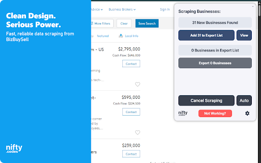 BizBuySell Scraper: Export Business, Franchise, Brokers & More :: Scrape Business, Franchise, Brokers, and more from BizBuySell, with options to export in formats such as CSV, Excel, JSON, and more.