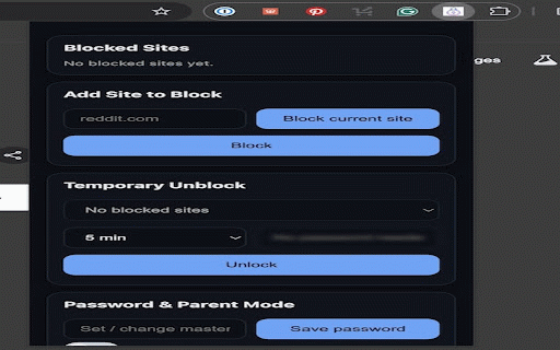 Site Blocker :: Block distracting sites. Temporary unblocks. Parent Mode with password. Privacy-first and fully offline.