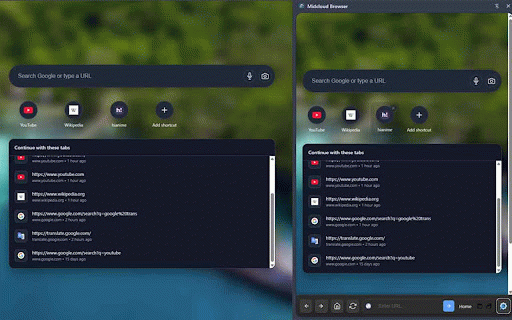 Midcloud Browser - Sidebar Browser with Toolbar :: A Chrome extension with a sidebar browser featuring a bottom toolbar with home, reload, address bar, and settings.