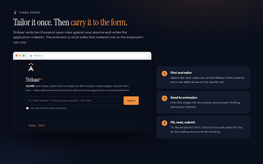 Shikaar :: Attaches your tailored resume and cover letter and drafts the written answers on job application forms. Never submits anything.