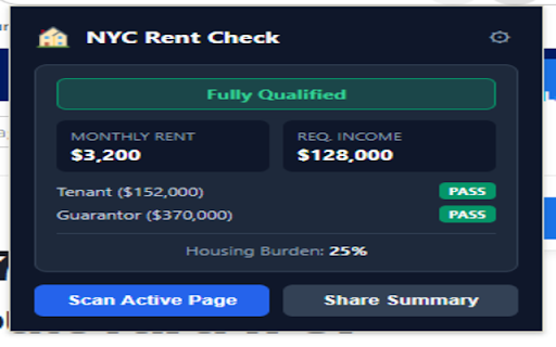 NYC Rent Prequalification :: Instantly check if your income or guarantor qualifies you for NYC rental listings on any website.
