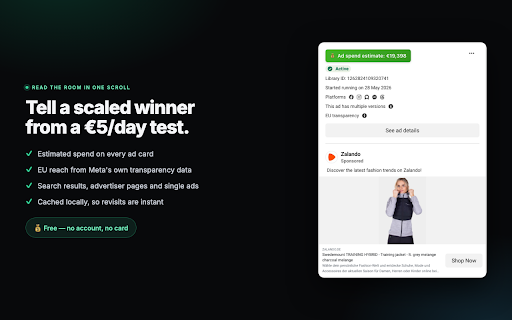 Facebook Ad Library Spend & Reach — Meta Ad Library Ad Spy :: See estimated ad spend & EU reach on every ad in the Facebook and Meta Ad Library. Free, no account needed. Spot winners fast.