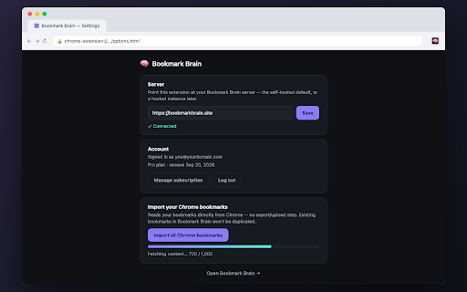 Bookmark Brain :: Semantic search and one-click save for your Bookmark Brain server.