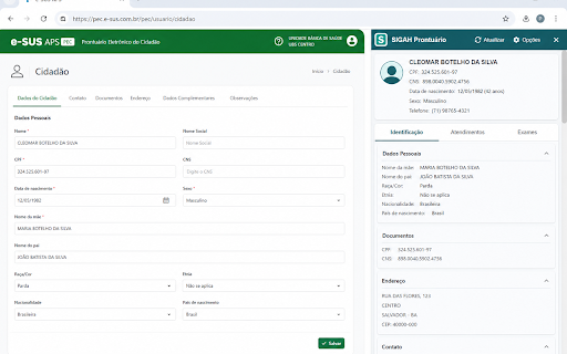 SIGAH Prontuário no e-SUS :: Ao consultar um cidadão no e-SUS APS, exibe o prontuário completo do SIGAH em um painel lateral.