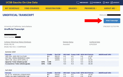 GOLD Transcript Printer :: Improves the appearance of unofficial transcripts printed from UCSB GOLD