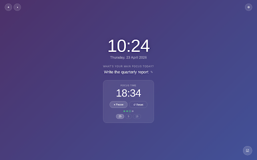 FocusTab — Minimal New Tab :: Replace your new tab with a calm focus dashboard. Daily intention, Pomodoro timer, clock, quotes. Free forever.