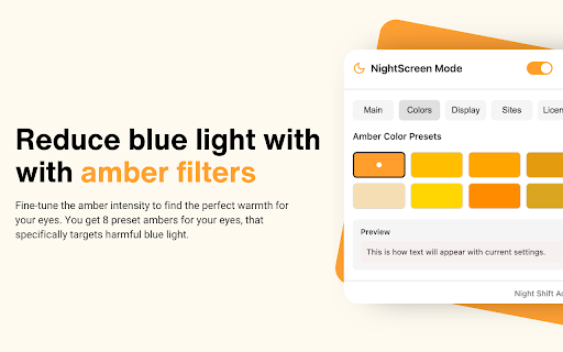NightScreen Mode: Dark Mode & Eye Strain Relief :: Adjust display settings for comfortable night viewing with BW mode, amber filters, and site whitelisting