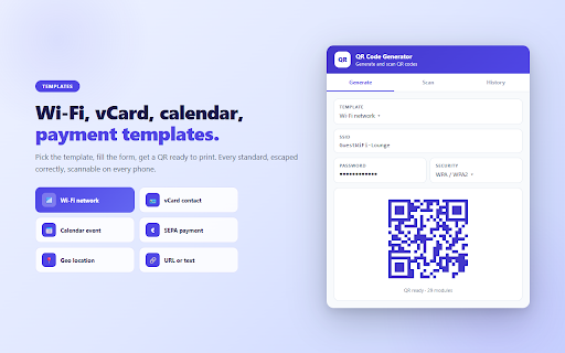 QR Code Generator & Scanner :: Generate and scan QR codes. Custom colors, logo embed, vCard / Wi-Fi / event templates, bulk CSV export, and history.