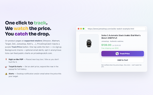 PriceDropCatch - Price Tracker for Amazon, Walmart, eBay and More :: One-click price tracking, history charts, and price drop alerts when your target price is reached. No account required.