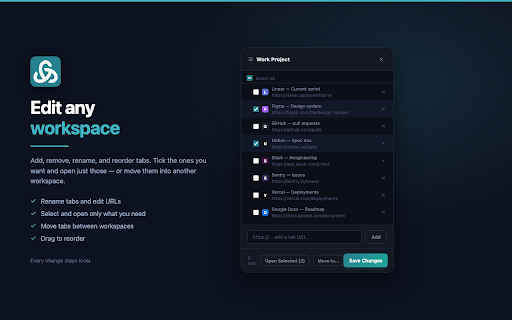 Knottify :: Save named tab workspaces and switch instantly — from the toolbar or a draggable launcher on any page. Backup and restore.