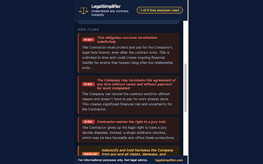 LegalSimplifier - Understand Any Contract :: Highlight any legal text and get a plain-English summary with risk flags in 30 seconds. No lawyer needed.