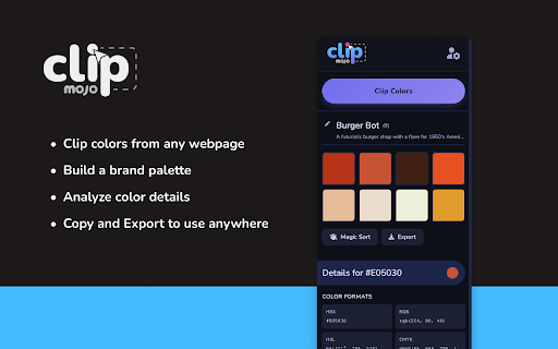 Clip Mojo - Color Palette Manager :: Professional color palette manager with eyedropper, color clipping, harmony generator, and WCAG contrast checker