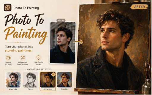 Photo To Painting - AI Art Converter :: Transform photos into paintings, sketches, watercolor, oil art, pop art, and more directly in Chrome using our AI photo to painting…