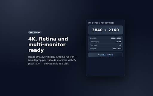 My Screen Resolution :: Instantly display your screen resolution, viewport size, pixel ratio and color depth.