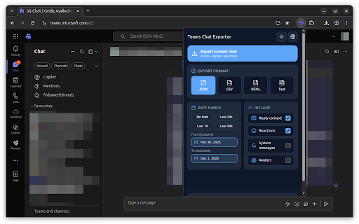Teams Chat Exporter :: Export Microsoft Teams web chat conversations to JSON, CSV, HTML, or Text with full message history.