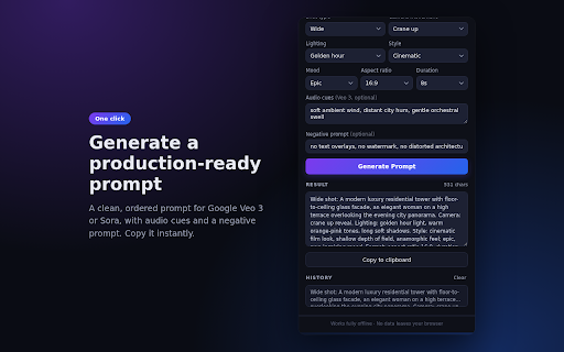 Veo Prompt Generator - AI Video Prompt Builder :: Veo prompt generator and AI video prompt builder for Google Veo 3 and Sora. Build cinematic prompts with presets, offline.