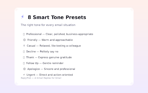 ReplyPilot — AI Email Replies for Gmail :: Generate smart, context-aware email replies in Gmail with one click. Choose your tone, get a perfect reply instantly.