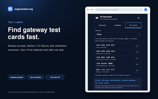 Credit Card Generator: Test Card Numbers :: Generate Luhn-valid test credit card numbers, validate a BIN and autofill checkout forms. Dummy card data for developers and QA.