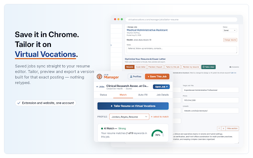 JobManager :: Save jobs, score them against your resume with AI, manage resumes and auto-fill applications. VirtualVocations account required.