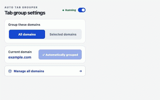 Auto Tab Grouper :: Group open tabs by domain and manage grouping scope, group names, and colors. All settings stay in your browser.