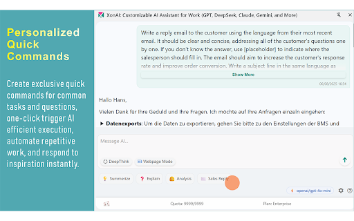 XonAI: Customizable AI Assistant for Work (GPT, DeepSeek, and More) :: Chat with any webpage, Email, WhatsApp, etc. Fully customizable. Read quickly, analyze deeply, solve problems, and assist learning.