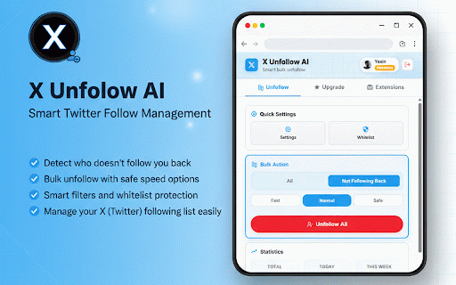 X Unfollow AI – Manage Your Twitter Following List :: Manage your X (Twitter) following, detect users who don't follow you back, and unfollow safely with smart filters.