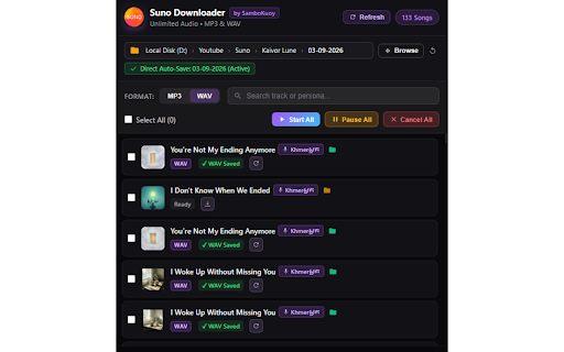 Suno Unlimited Downloader :: Download high-quality MP3 and WAV audio tracks directly from Suno with custom destination folder saving.