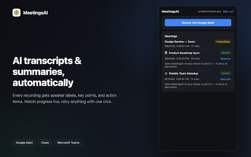 MeetingsAI :: Record and transcribe online meetings you are in, and sync the results to your MeetingsAI account.