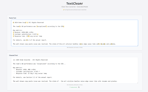 TextCleanr: Clean Text Converter :: Convert copied, pasted or formatted text to clean plain text. Removes styles, symbols, hidden characters, and AI fingerprints.