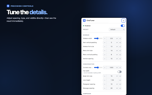 ChatTuner - ChatGPT Layout & Font Customizer :: Customize ChatGPT's width, font size, sidebar spacing, padding and layout with simple live controls.