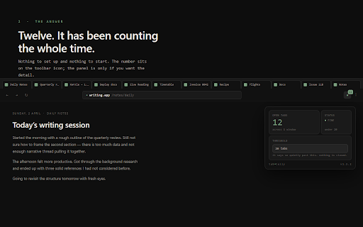tab•tally — Open Tab Counter & Warning :: Counts your open tabs and warns you quietly when they pile up. Local only — no accounts, no tracking, nothing leaves your browser.