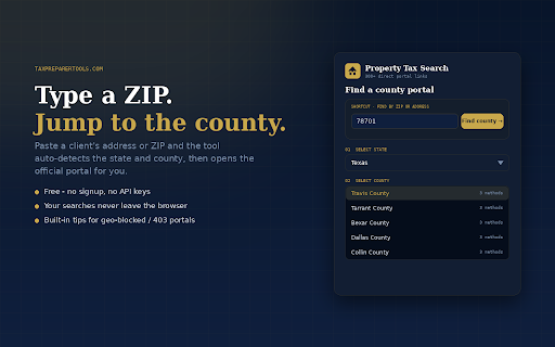 US Property Tax Search — 50 States, 300+ Counties :: Jump to any US county's official property tax / assessor portal. 300+ direct links, ZIP auto-detect, 3 search methods. Free.