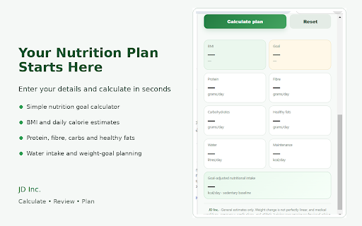 JD Inc. Nutrition Goal Calculator :: Calculate BMI and goal-adjusted calories, protein, fibre, carbohydrates, healthy fats and water intake.