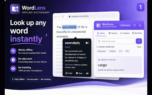 WordLens Dictionary (Offline) :: Offline English dictionary. Works without a network connection. No analytics. No data sent to any server during normal use.
