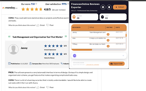 FinancesOnline Reviews Exporter :: Extract reviews from the current FinancesOnline product reviews page and export to CSV.