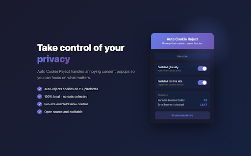 Auto Cookie Reject :: Automatically reject cookie consent popups and banners. Privacy-first, runs 100% locally.