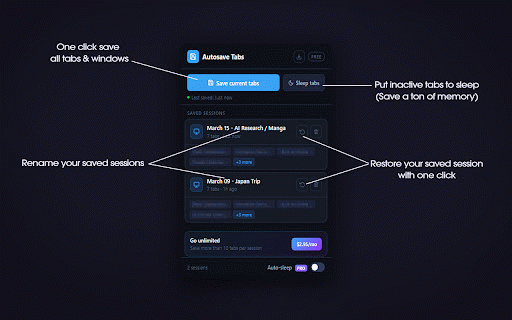 Autosave Tabs :: Save and restore your browser sessions with one click. Never lose your tabs again.