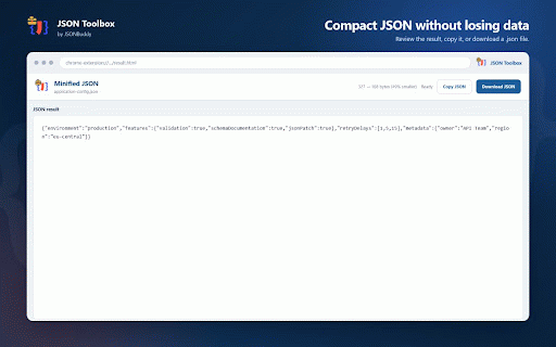 JSON Toolbox by JSONBuddy :: Pretty-print and minify JSON, or apply JSON Patch operations using the JSONBuddy Web API.