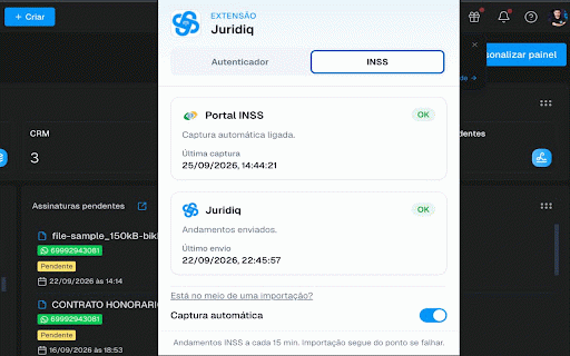 Juridiq :: Autenticador compartilhado e captura de processos, andamentos e documentos do INSS (GERID) no Juridiq.