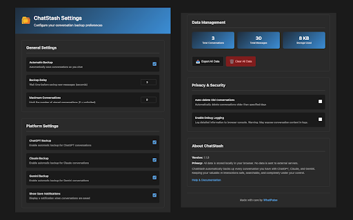 ChatStash :: Keep local backups of your ChatGPT, Claude, and Gemini conversations. Your AI chats, saved on your device.