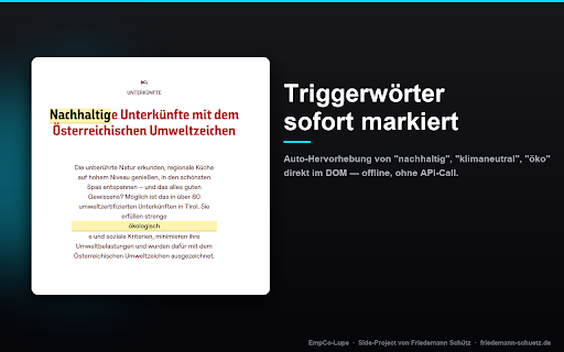 EmpCo-Lupe :: Greenwashing-Check für Marketing-Texte nach EU-EmpCo-Richtlinie 2024/825 + UWG. Side-Project von Friedemann Schütz.