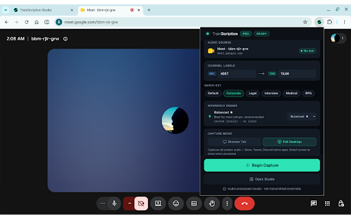 TrainScription :: On-device meeting transcription. No bot joins your call. No audio uploaded to the cloud. Speaker-labeled and vocabulary-trained.