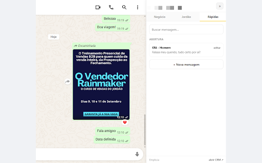 CRM do Jordão · WhatsApp :: Mostra o lead, o negócio e o histórico do CRM ao lado da conversa do WhatsApp Web.