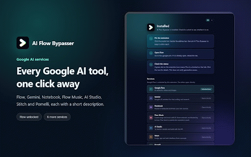 AI Flow Bypasser :: Helps with Google Flow country availability. Includes English and Persian controls.
