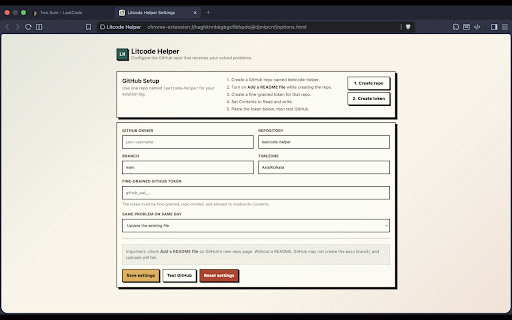 Litcode Helper :: Automatically logs accepted LeetCode solutions to a GitHub repository.