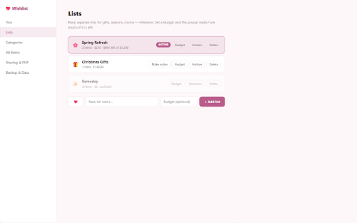 Wishlist — Save Anything You Want :: Right-click to save anything you want from any store. Organize by list & category, track prices, and share a beautiful wishlist PDF.