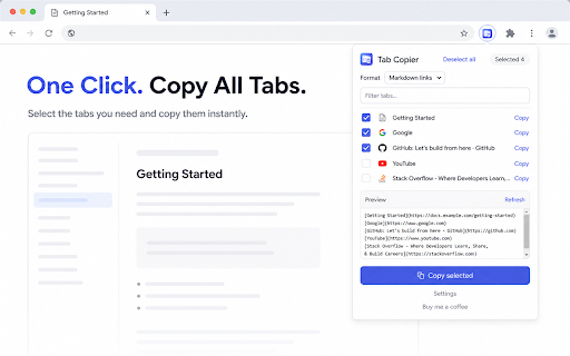 Tab Copier - Copy Tabs as Markdown :: Copy selected tabs as Markdown, title + URL text, or URL-only lists. Preview before copying.