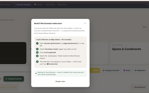 Caromeal — Quick Commerce :: Fetch live grocery prices and pre-fill carts on Blinkit, Instamart, Zepto and BigBasket for your Caromeal list.