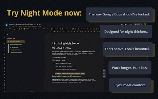Google Docs Dark Mode Theme — Night Mode Extension :: Enable Google Docs dark mode and night theme. Best dark mode extension for Google Docs — eye comfort, focus, and style.